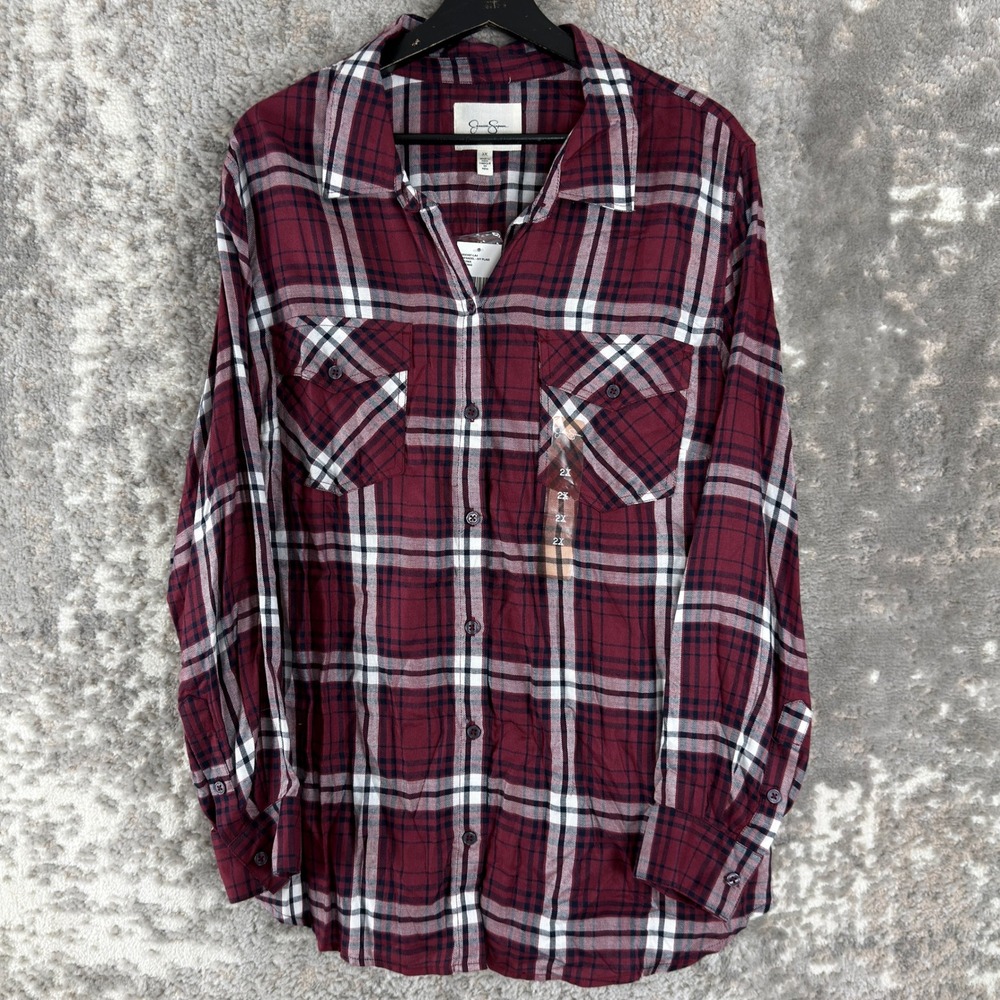 New Jessica Simpson Plus Size 2X Petunia Plaid Shirt Burgundy LS Women